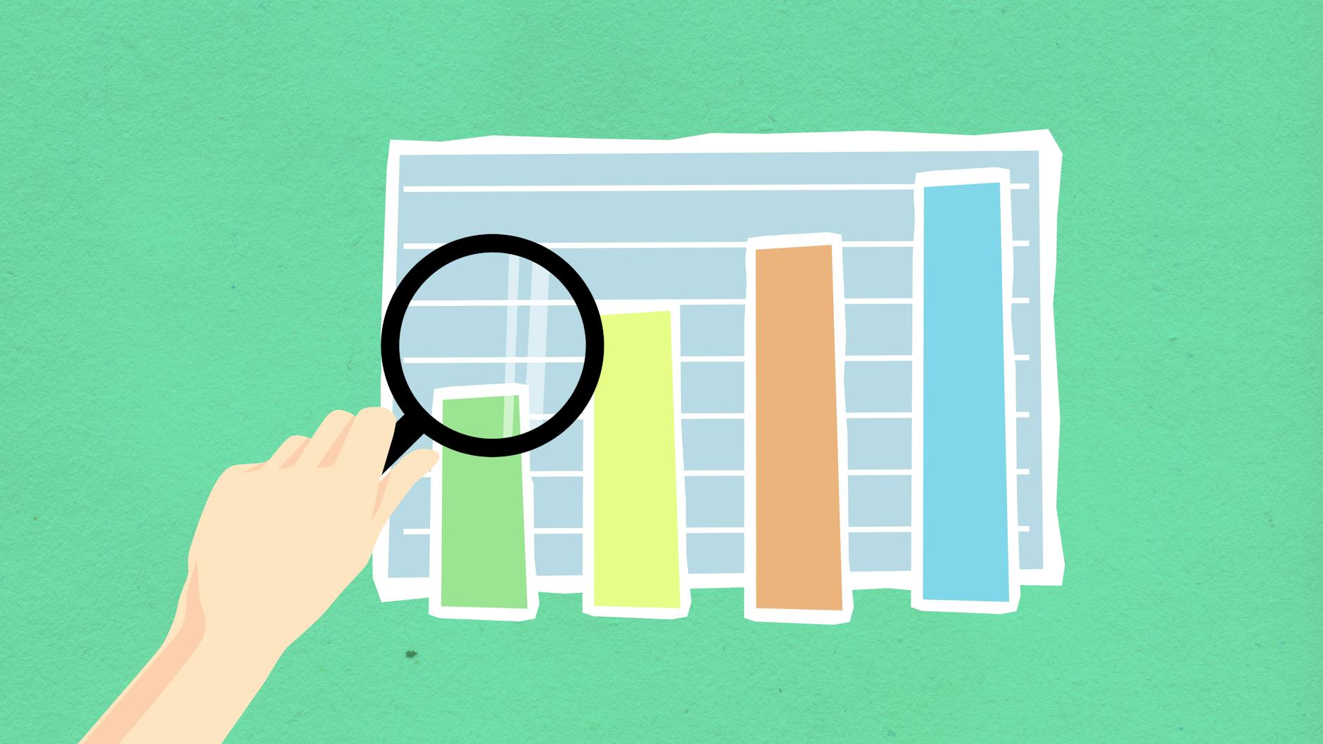 Illustration of a hand using a magnifying glass over a colorful bar chart on green background.